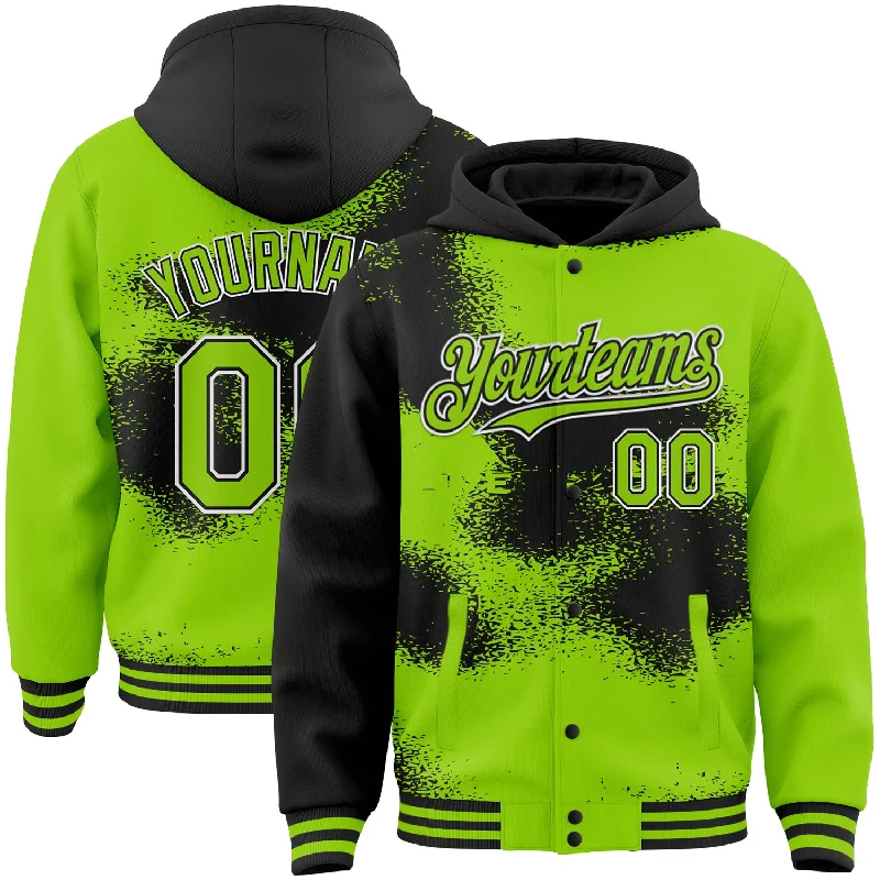 Modern Unisex Wardrobe Staples Enjoy Discount Custom Neon Green Black-White Abstract Color Blocks Fragment Art 3D Pattern Design Bomber Full-Snap Varsity Letterman Hoodie Jacket