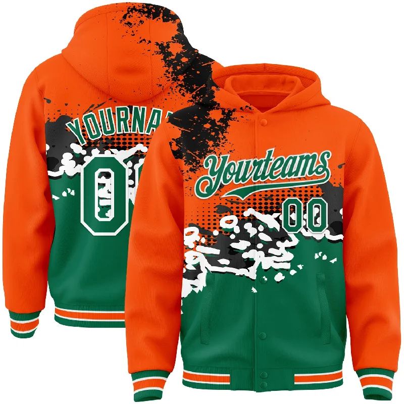 Unisex Casual Wear For All Seasons Fast Fashion Favorites Custom Orange Kelly Green-Black Abstract Splash Grunge Art 3D Pattern Design Bomber Full-Snap Varsity Letterman Hoodie Jacket