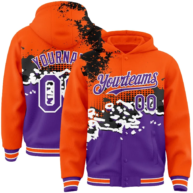 Chic And Contemporary Unisex Clothing Choices Shop The Hottest Deals Custom Orange Purple-Black Abstract Splash Grunge Art 3D Pattern Design Bomber Full-Snap Varsity Letterman Hoodie Jacket