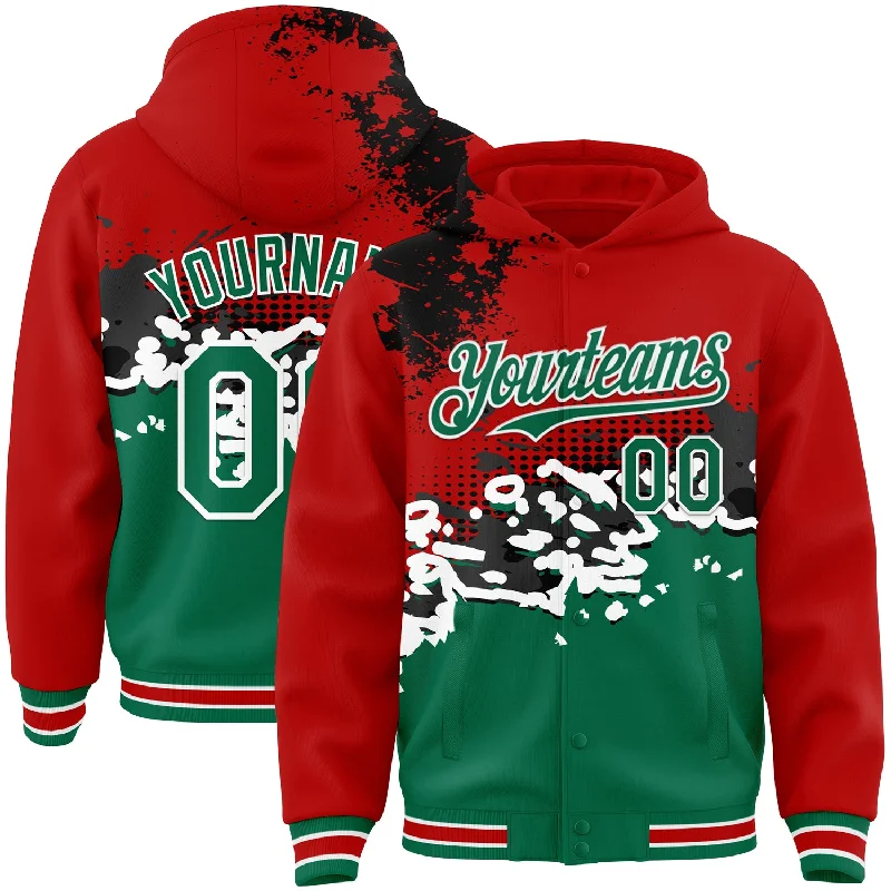 Modern Unisex Clothing For Any Occasion Final Sale Custom Red Kelly Green-Black Abstract Splash Grunge Art 3D Pattern Design Bomber Full-Snap Varsity Letterman Hoodie Jacket