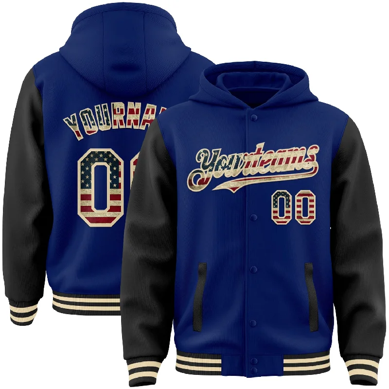 Gender-Neutral Clothing Styles Unbeatable Prices Custom Royal Vintage USA Flag Black-Cream Bomber Full-Snap Varsity Letterman Two Tone Hoodie Jacket