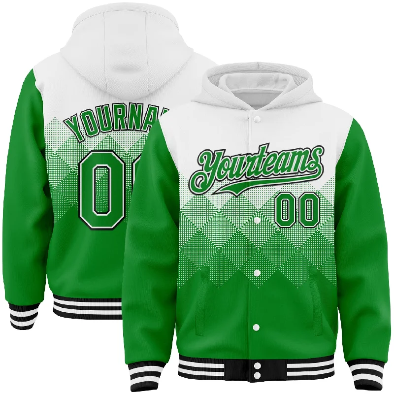 Trendy Unisex Streetwear Fashion Classy Style Discounts Custom White Grass Green-Black Gradient Square Shape 3D Pattern Design Bomber Full-Snap Varsity Letterman Hoodie Jacket