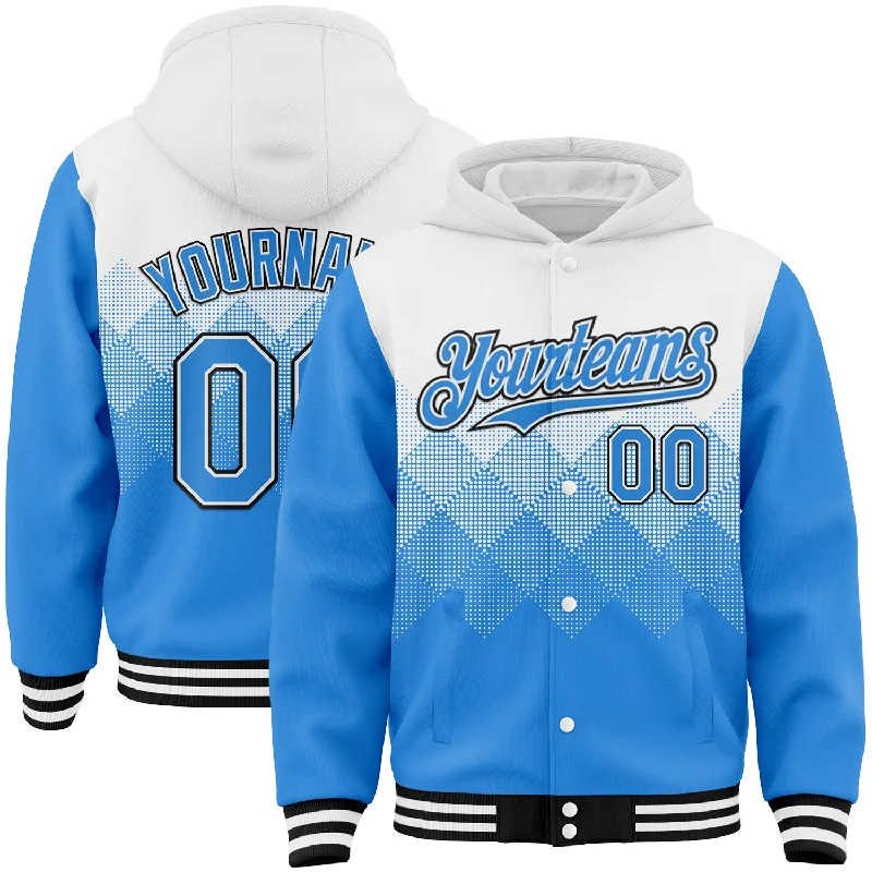 Breathable And Lightweight Unisex Wear Cozy Comfort Style Sale Custom White Powder Blue-Black Gradient Square Shape 3D Pattern Design Bomber Full-Snap Varsity Letterman Hoodie Jacket