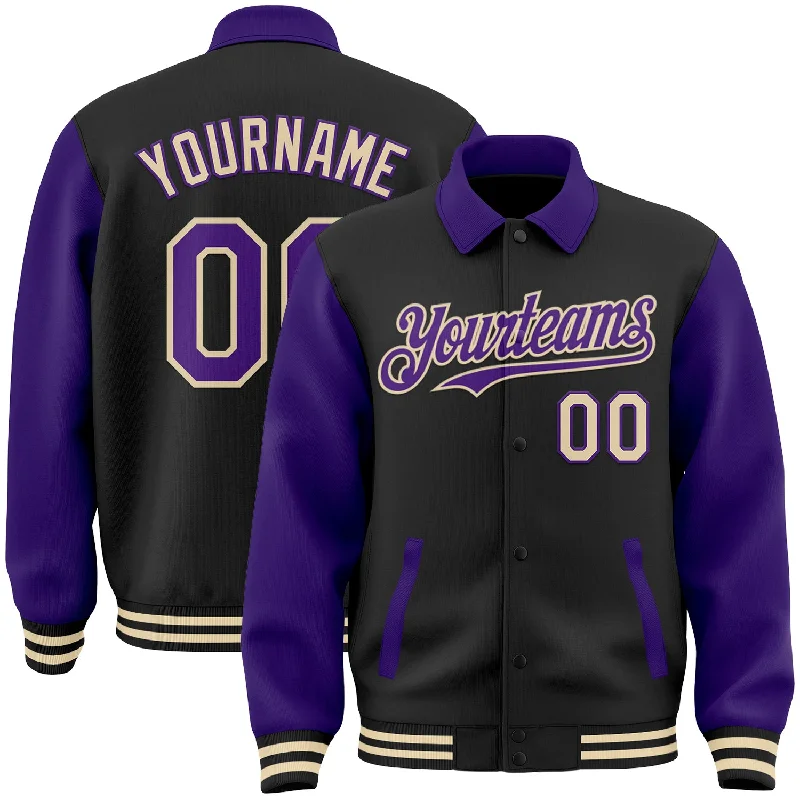 Urban Unisex Fashion Outfits Minimalist Fashion Sale Custom Black Purple-Cream Bomber Full-Snap Varsity Letterman Two Tone Lapel Collar Byron Jacket