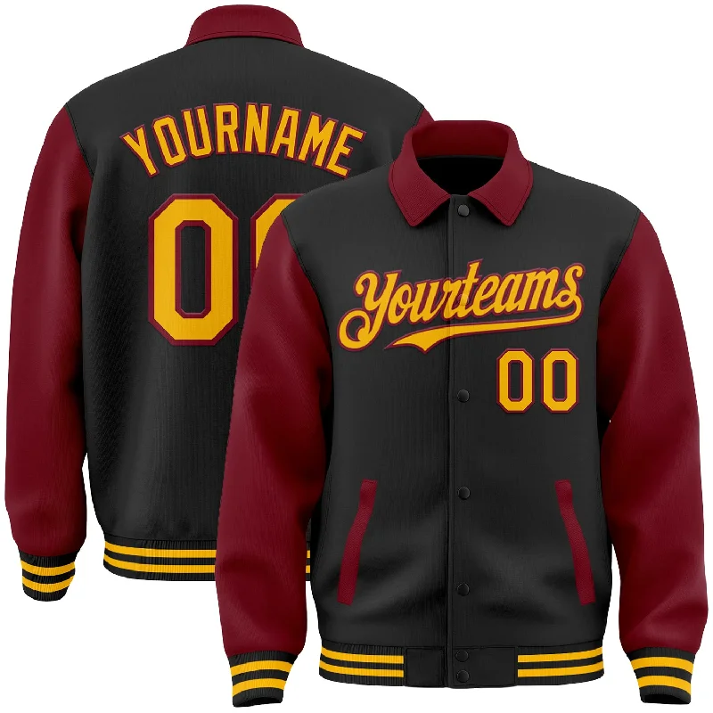 Lightweight And Breathable Unisex Wear Easy Elegance Sales Custom Black Gold-Crimson Bomber Full-Snap Varsity Letterman Two Tone Lapel Collar Byron Jacket