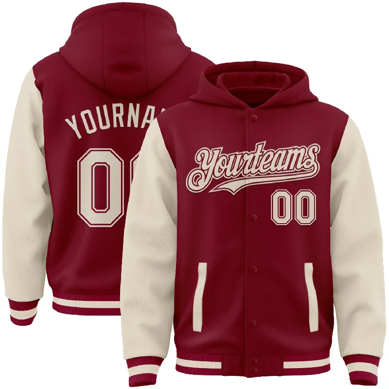 Chic And Casual Unisex Fashion Trends Top Deals Custom Crimson Cream Bomber Full-Snap Varsity Letterman Two Tone Hoodie Jacket