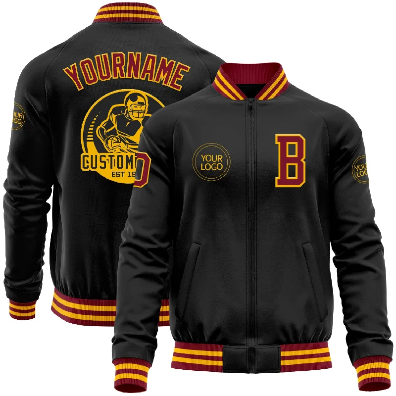 Comfortable Unisex Streetwear Laid-Back Fashion Offers Custom Black Crimson-Gold Bomber Varsity Letterman Zipper Jacket