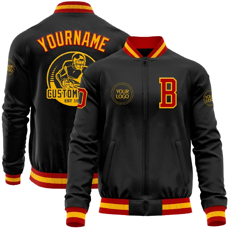 Fashion-Forward Gender-Neutral Outfit Ideas Modish Fashion Discounts Custom Black Red-Gold Bomber Varsity Letterman Zipper Jacket