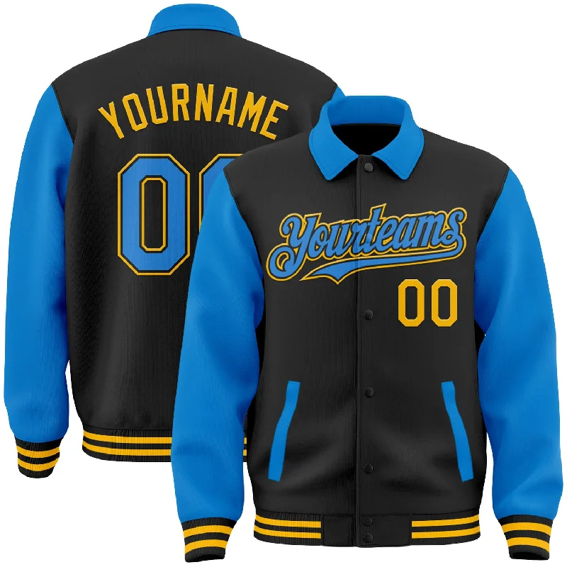 Sustainable Gender-Neutral Apparel Vintage-Modern Style Offers Custom Black Powder Blue-Gold Bomber Full-Snap Varsity Letterman Two Tone Lapel Collar Byron Jacket