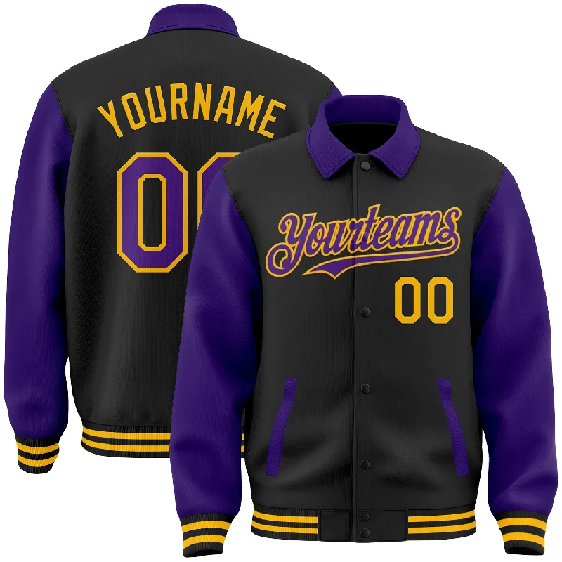 Oversized Unisex Fashion Pieces Casual Chic Deals Custom Black Purple-Gold Bomber Full-Snap Varsity Letterman Two Tone Lapel Collar Byron Jacket