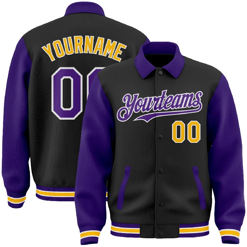 Versatile Gender-Free Wardrobe Essentials Trendy Styles Custom Black Purple-Gold Bomber Full-Snap Varsity Letterman Two Tone Lapel Collar Byron Jacket