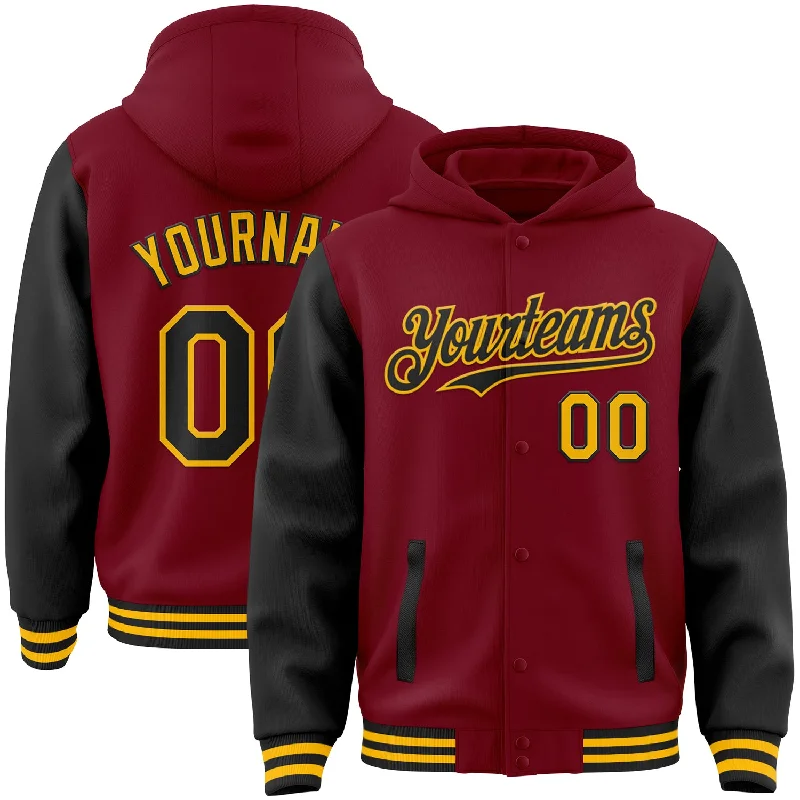 Fashion-Forward Gender-Neutral Outfit Ideas Hurry Before It'S Gone Custom Crimson Black-Gold Bomber Full-Snap Varsity Letterman Two Tone Hoodie Jacket