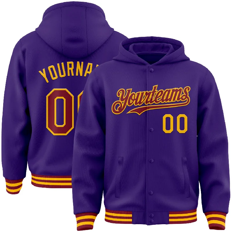 Fashion-Forward Gender-Neutral Outerwear Evening Elegance Custom Purple Crimson-Gold Bomber Full-Snap Varsity Letterman Hoodie Jacket