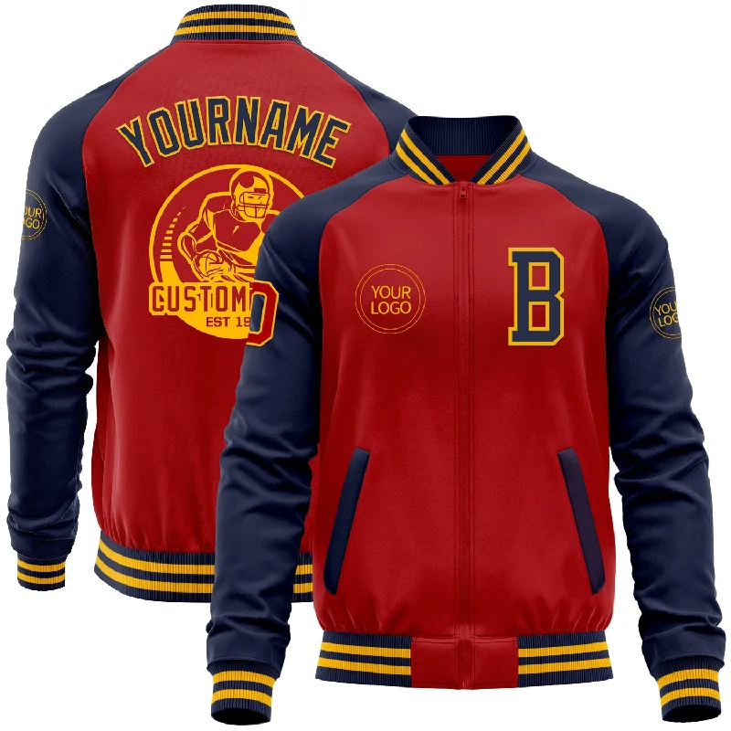 Classic And Timeless Gender-Neutral Fashion Shop Sales Custom Red Navy-Gold Bomber Varsity Letterman Two Tone Zipper Jacket