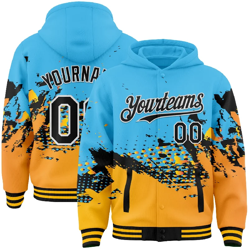 Comfortable Unisex Streetwear Limited Stock, Big Discounts Custom Sky Blue Black-Gold Abstract Splash Grunge Art 3D Pattern Design Bomber Full-Snap Varsity Letterman Hoodie Jacket