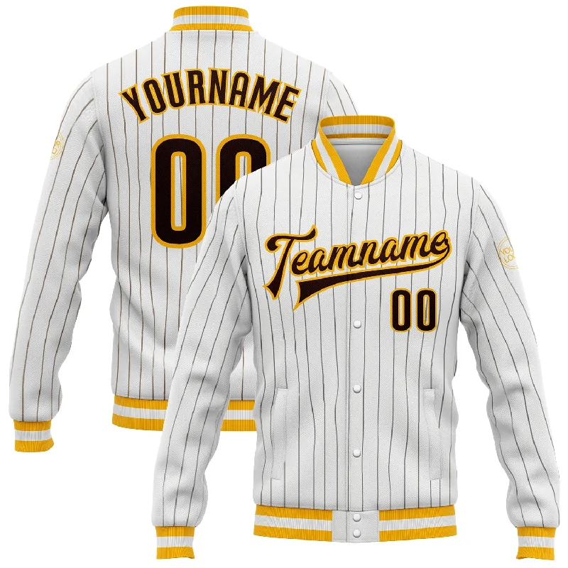 Soft And Breathable Unisex Loungewear Limited Time Deal Custom White Brown Pinstripe Brown-Gold Bomber Full-Snap Varsity Letterman Jacket