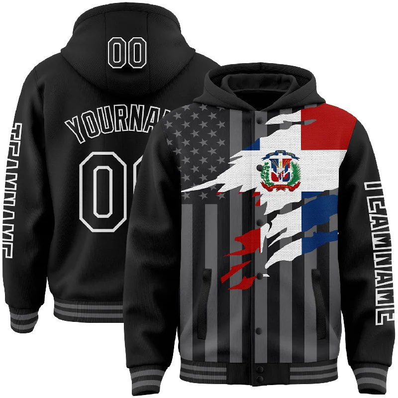 Comfortable Gender-Free Fashion Choices Best-Sellers Custom Black Gray-White Dominican Republic Flag 3D Bomber Full-Snap Varsity Letterman Hoodie Jacket