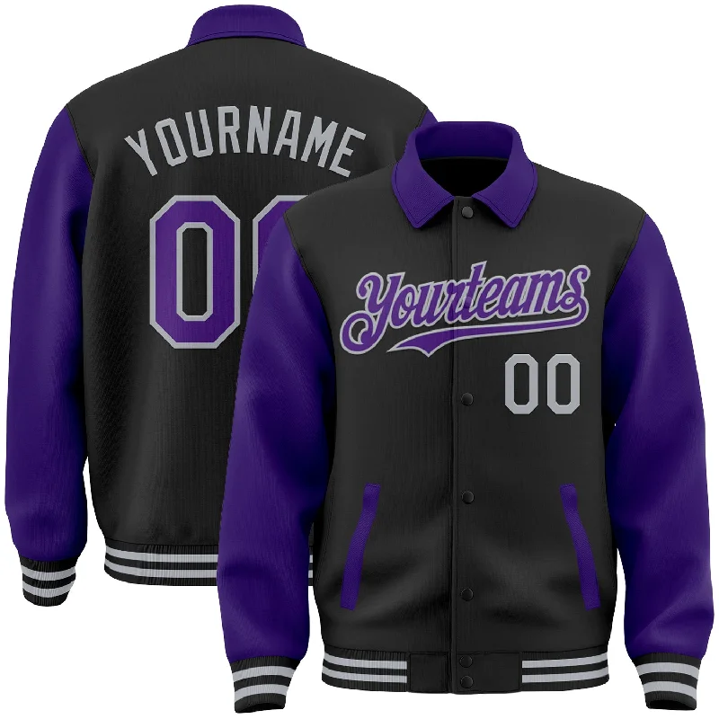 Functional And Stylish Unisex Wear Premium Style Custom Black Purple-Gray Bomber Full-Snap Varsity Letterman Two Tone Lapel Collar Byron Jacket