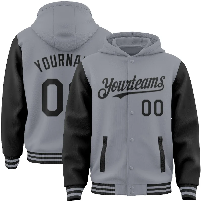 Contemporary Gender-Free Clothing Styles Style Without Limits Custom Gray Black Bomber Full-Snap Varsity Letterman Two Tone Hoodie Jacket