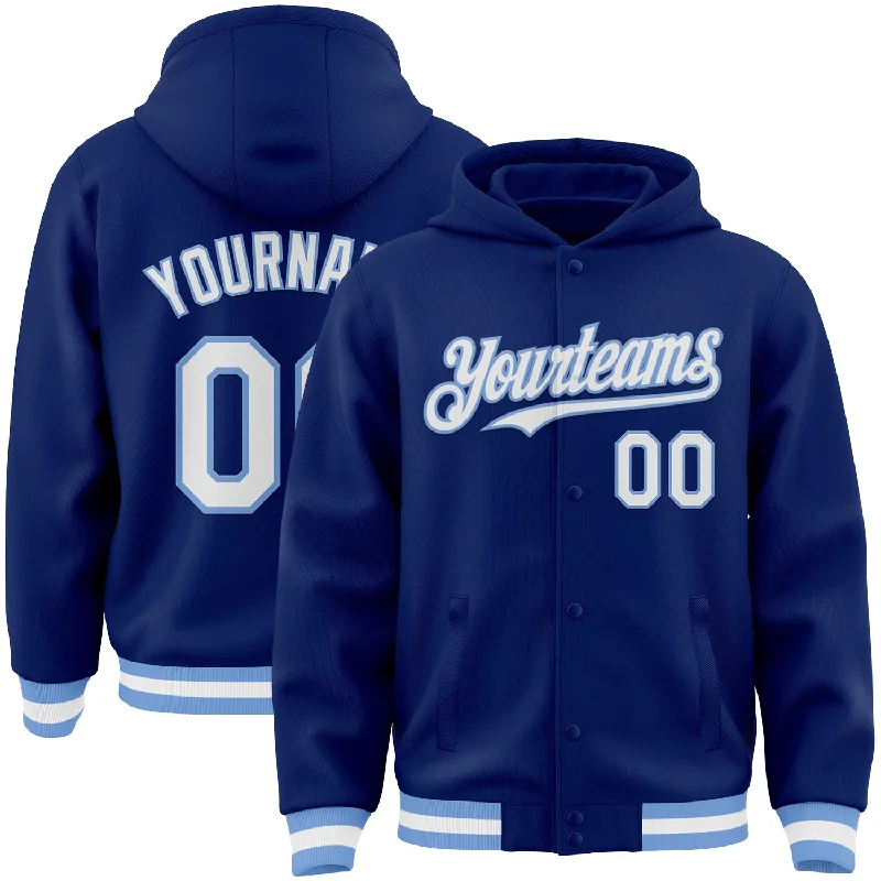 Sleek And Comfortable Unisex Wear Chic Style, Always In Vogue Custom Royal White-Light Blue Bomber Full-Snap Varsity Letterman Hoodie Jacket