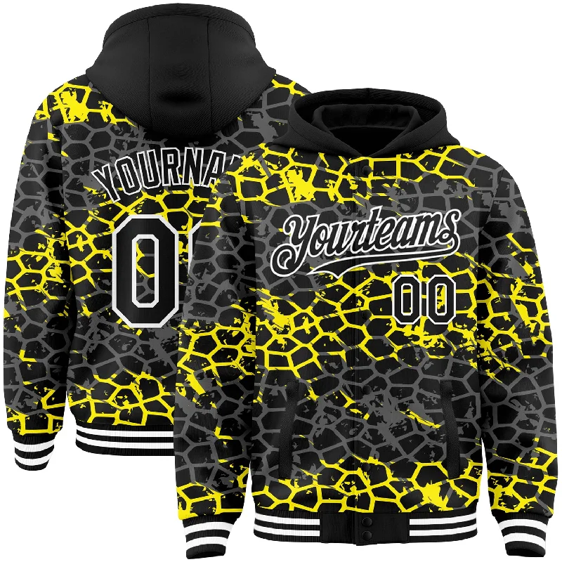 High-Quality Unisex Basics For All Occasions Flash Sale Custom Black Light Yellow-White Abstract Network 3D Pattern Design Bomber Full-Snap Varsity Letterman Hoodie Jacket