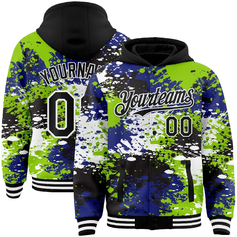 Comfortable Unisex Streetwear Massive Selection Sale Custom Black Neon Green-Royal Abstract Splash Grunge Art 3D Pattern Design Bomber Full-Snap Varsity Letterman Hoodie Jacket