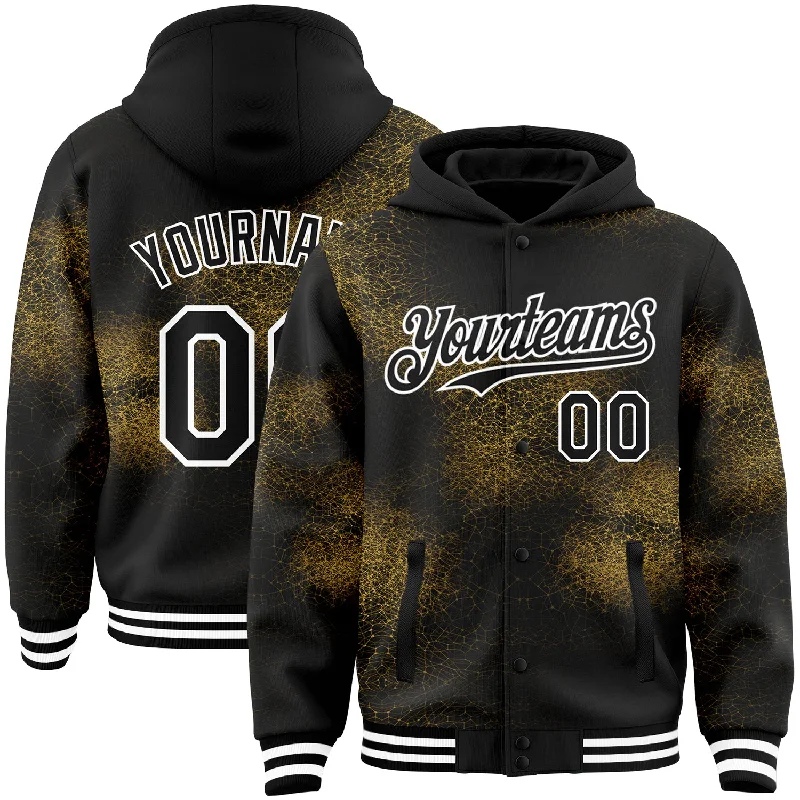 High-Quality Unisex Basics For All Occasions Fashion Forward Femininity Custom Black Old Gold-White Abstract Network 3D Pattern Design Bomber Full-Snap Varsity Letterman Hoodie Jacket