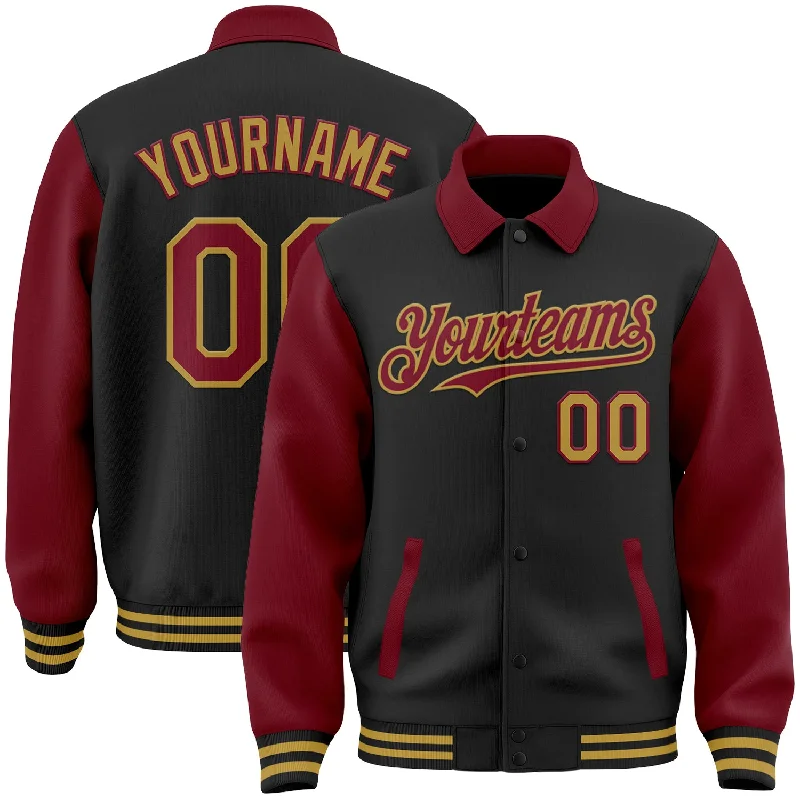 Versatile And Stylish Unisex Apparel Bold Fashion Sales Custom Black Crimson-Old Gold Bomber Full-Snap Varsity Letterman Two Tone Lapel Collar Byron Jacket