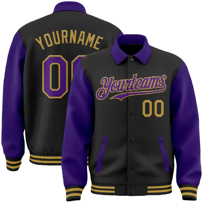 Classic And Timeless Unisex Style Save Big Custom Black Purple-Old Gold Bomber Full-Snap Varsity Letterman Two Tone Lapel Collar Byron Jacket