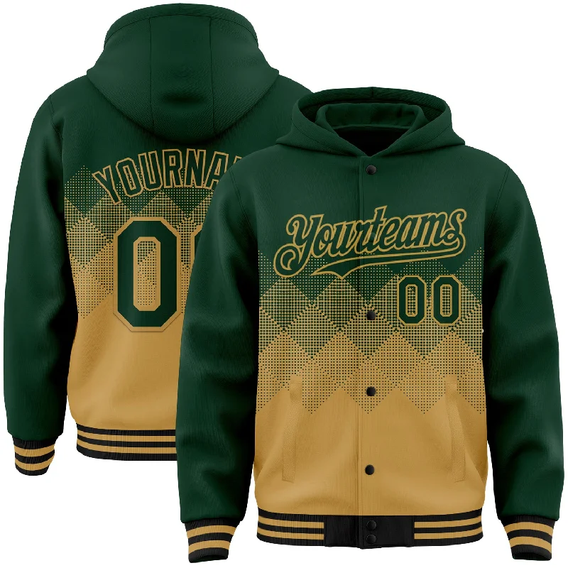 Lightweight And Breathable Unisex Wear Street Style Discounts Custom Green Old Gold-Black Gradient Square Shape 3D Pattern Design Bomber Full-Snap Varsity Letterman Hoodie Jacket