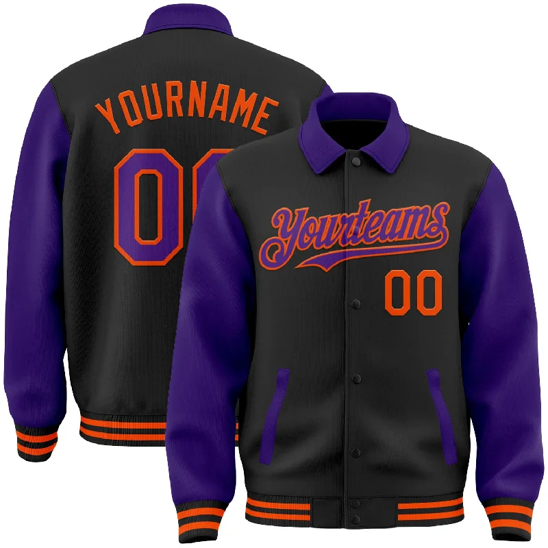 Gender-Neutral Clothing Styles Chic Style Discounts Custom Black Purple-Orange Bomber Full-Snap Varsity Letterman Two Tone Lapel Collar Byron Jacket