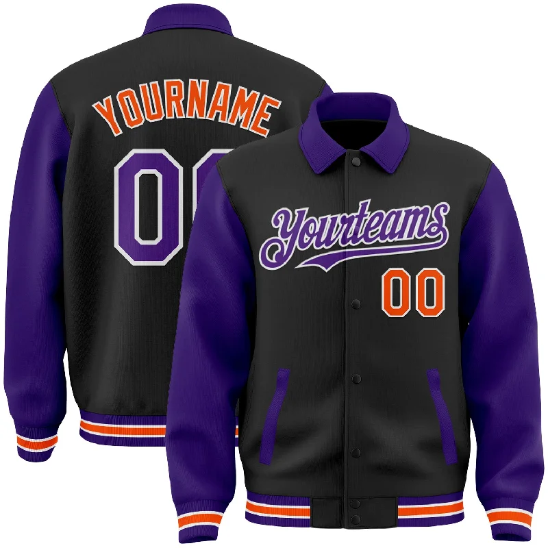 Unisex Casual Wear For All Seasons Limited Styles Custom Black Purple-Orange Bomber Full-Snap Varsity Letterman Two Tone Lapel Collar Byron Jacket