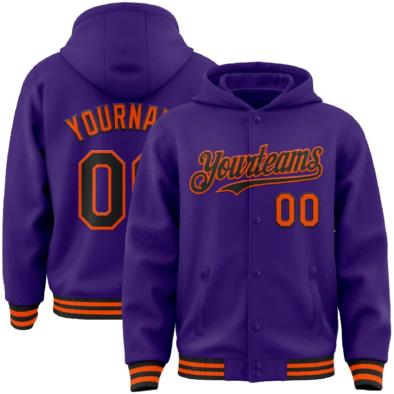 Chic And Casual Unisex Fashion Trends Exclusive Designer Style Deals Custom Purple Black-Orange Bomber Full-Snap Varsity Letterman Hoodie Jacket