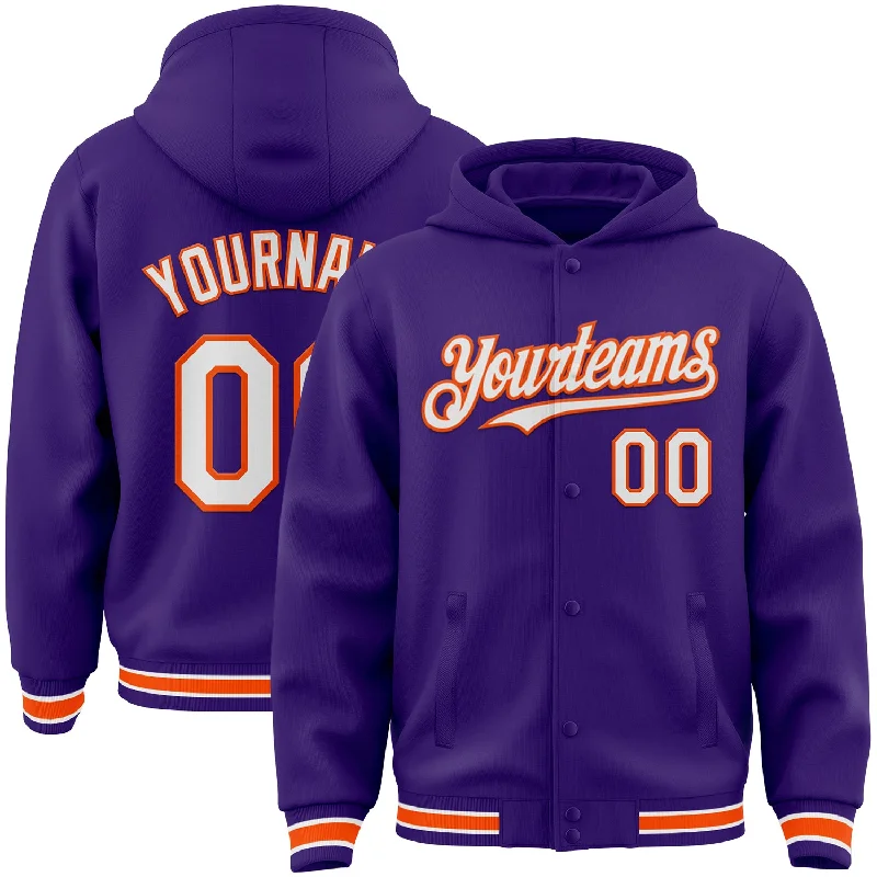 Sleek And Stylish Unisex Outerwear Fashion Deal Custom Purple White-Orange Bomber Full-Snap Varsity Letterman Hoodie Jacket