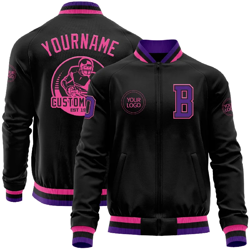 Fashion-Forward Unisex Apparel New In This Season Custom Black Purple-Pink Bomber Varsity Letterman Zipper Jacket