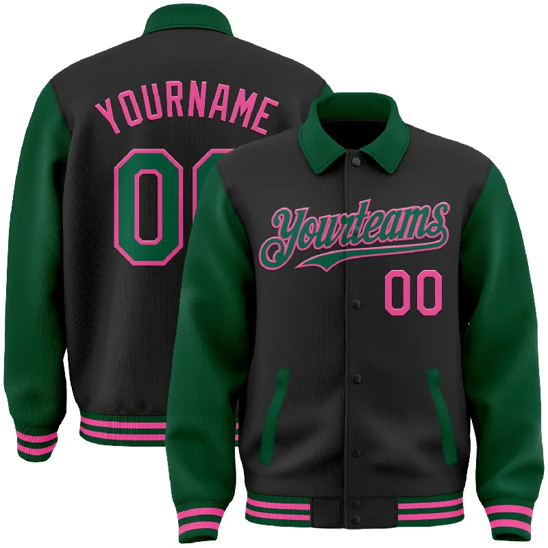 Trendy Unisex New Arrivals Custom Black Kelly Green-Pink Bomber Full-Snap Varsity Letterman Two Tone Lapel Collar Byron Jacket