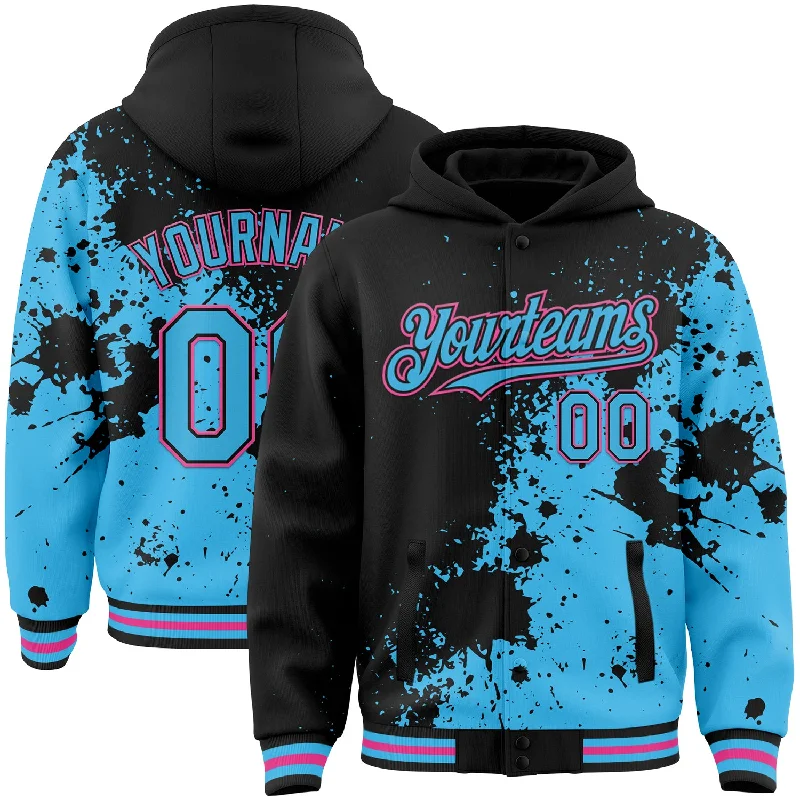 Sustainable And Ethical Unisex Clothing The Latest Fashion Trends Custom Black Sky Blue-Pink Abstract Splash Grunge Art 3D Pattern Design Bomber Full-Snap Varsity Letterman Hoodie Jacket