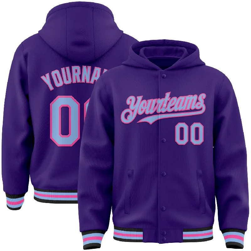 Chic And Contemporary Unisex Clothing Choices Retro Style Promotions Custom Purple Light Blue Pink-Black Bomber Full-Snap Varsity Letterman Hoodie Jacket