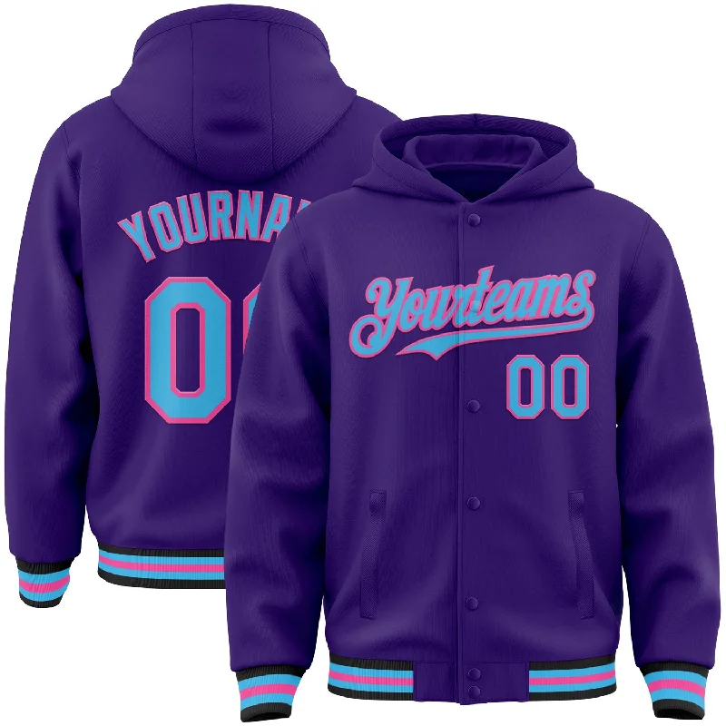 Sustainable And Ethical Unisex Clothing Romantic Fashion Discounts Custom Purple Sky Blue Pink-Black Bomber Full-Snap Varsity Letterman Hoodie Jacket