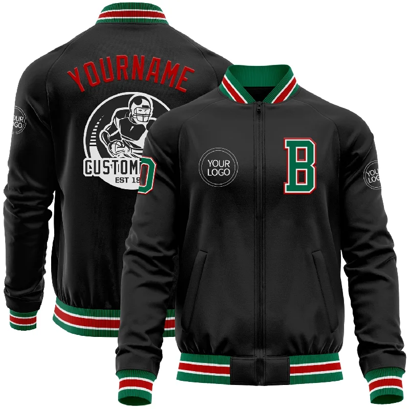 Functional And Stylish Unisex Outerwear Elevated Casual Discounts Custom Black Kelly Green-Red Bomber Varsity Letterman Zipper Jacket