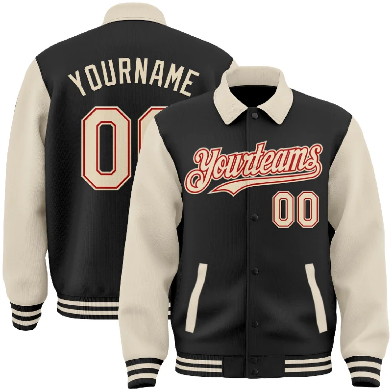 Oversized Unisex Apparel For Effortless Style Budget Friendly Custom Black Cream-Red Bomber Full-Snap Varsity Letterman Two Tone Lapel Collar Byron Jacket