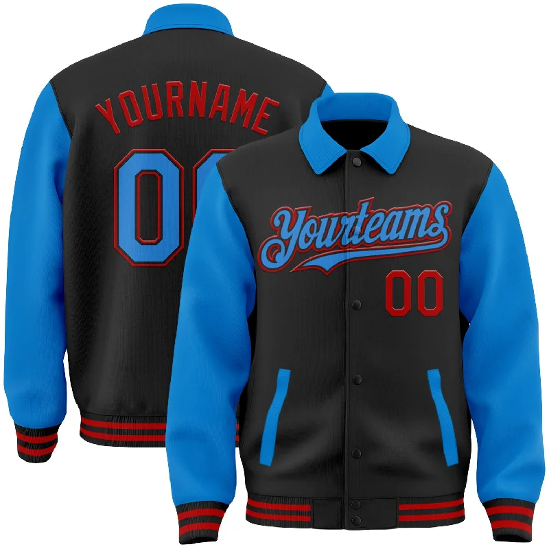 Contemporary Gender-Free Clothing Styles Classic Modern Offers Custom Black Powder Blue-Red Bomber Full-Snap Varsity Letterman Two Tone Lapel Collar Byron Jacket