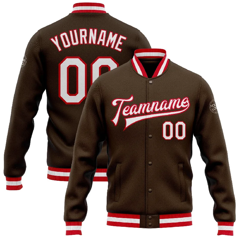 Minimalist Unisex Fashion Must-Haves Smart Casual Deals Custom Brown White-Red Bomber Full-Snap Varsity Letterman Jacket