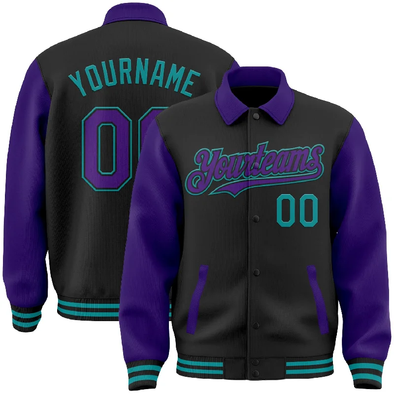 Modern Unisex Streetwear Outfits Latest Fashion Custom Black Purple-Teal Bomber Full-Snap Varsity Letterman Two Tone Lapel Collar Byron Jacket