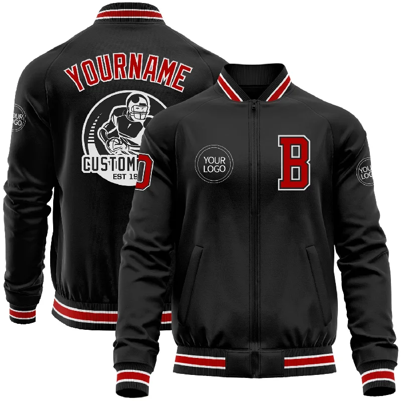 Casual Yet Sophisticated Unisex Fashion Street Chic Discounts Custom Black Red-White Bomber Varsity Letterman Zipper Jacket