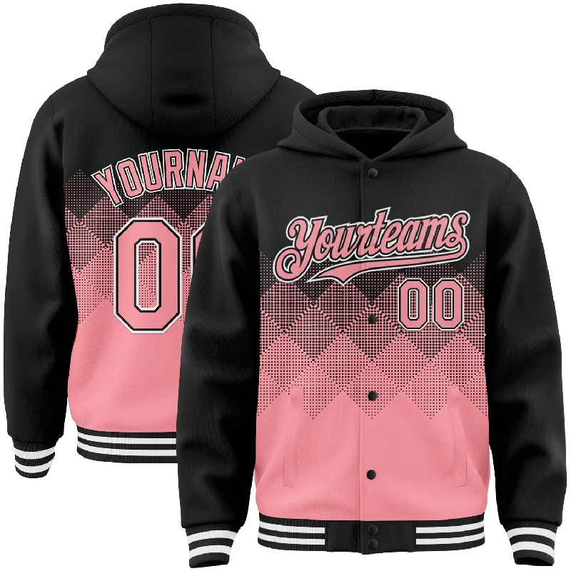 Lightweight And Breathable Unisex Wear Hot Sale Custom Black Medium Pink-White Gradient Square Shape 3D Pattern Design Bomber Full-Snap Varsity Letterman Hoodie Jacket