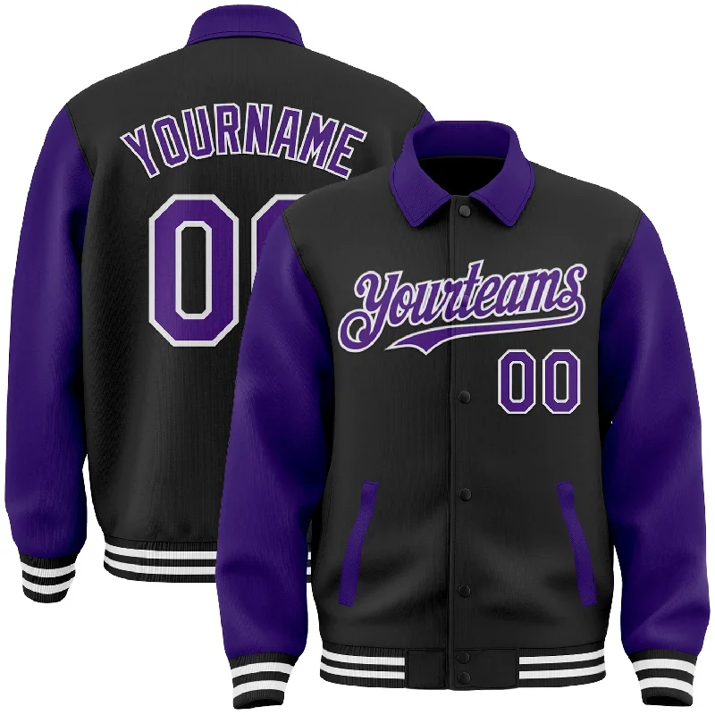 Relaxed-Fit Unisex Clothing Options Vintage-Inspired Style Offers Custom Black Purple-White Bomber Full-Snap Varsity Letterman Two Tone Lapel Collar Byron Jacket