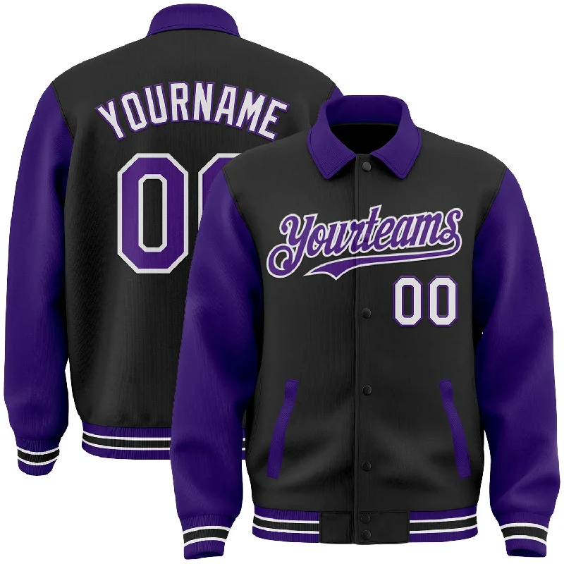 Sleek And Comfortable Unisex Wear Exclusive Sale Custom Black Purple-White Bomber Full-Snap Varsity Letterman Two Tone Lapel Collar Byron Jacket