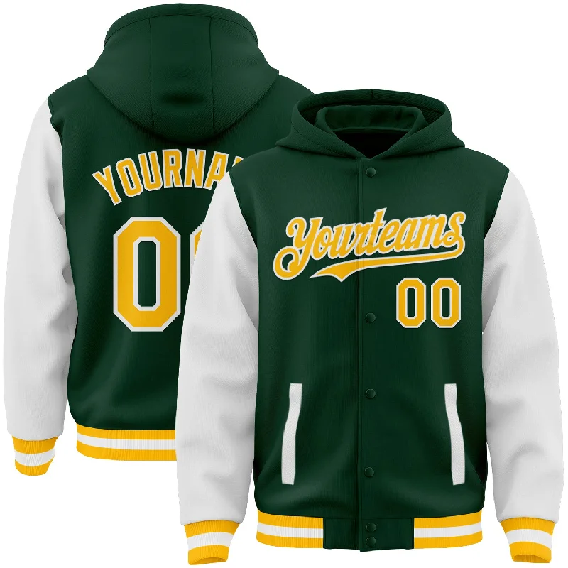 Unisex Casual Fashion Trends Hot Items Custom Green Gold-White Bomber Full-Snap Varsity Letterman Two Tone Hoodie Jacket