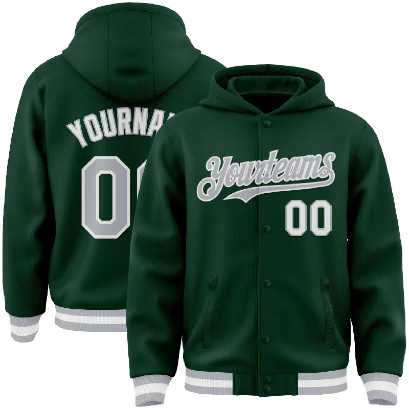 Contemporary Gender-Free Clothing Styles New Styles Just In Custom Green Gray-White Bomber Full-Snap Varsity Letterman Hoodie Jacket